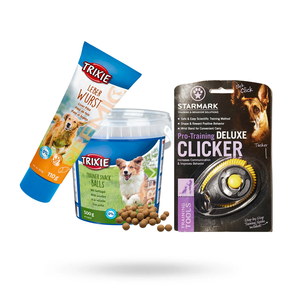 KIT MED STARMARK KLICKER DELUXE, TRIXIE LEVERPATÉ TUB 110G & SNACK BALLS FÅGEL 500G