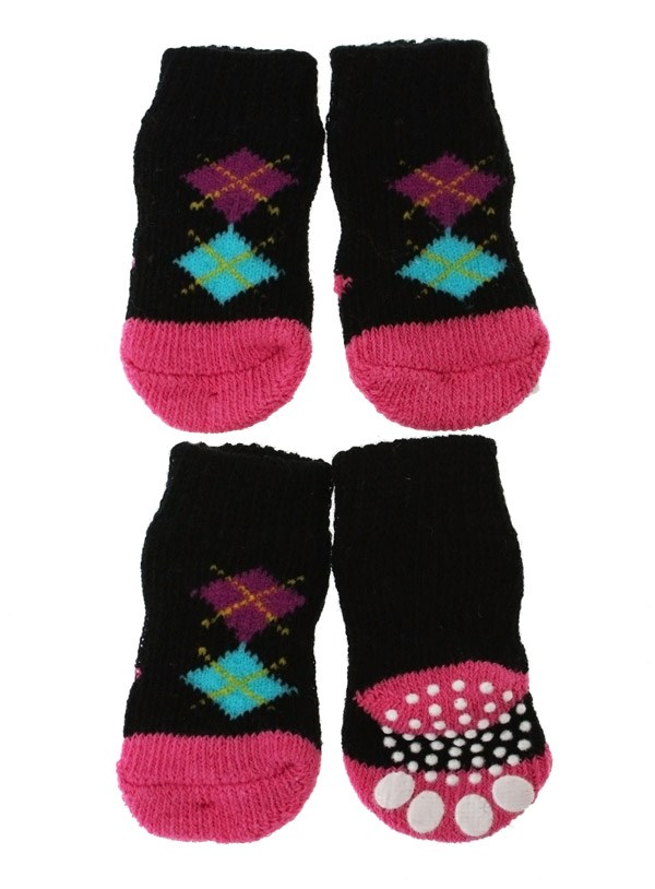 Black/Pink Argyle - Hundstrumpor med antiglid